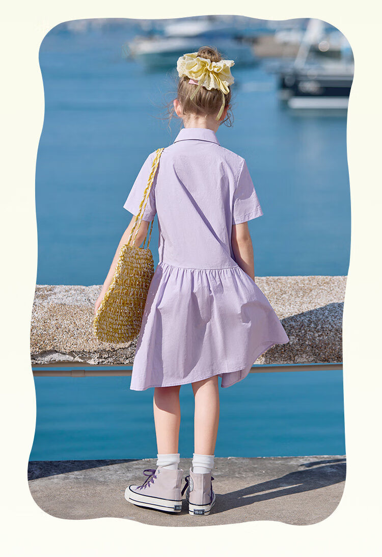CHANZUIGOU Girls' Taro Purple Pure Cotton Shirt Dress 2026 Summer New Stylish Dopamine Print Dress 24